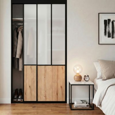 Porte de placard coulissante atelier effet chêne profil fin acier noir GoodHome Arius H.248,5 x L.76,2 cm + amortisseurs