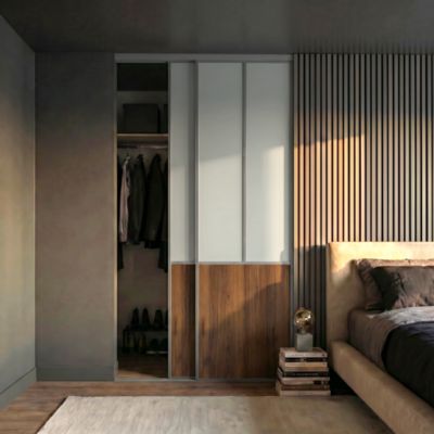 Porte de placard coulissante atelier effet noyer profil fin acier gris GoodHome Arius H.248,5 x L.91,2 cm + amortisseurs