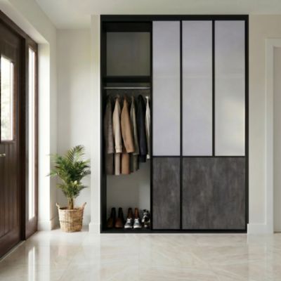 Porte de placard coulissante atelier effet pierre noire profil aluminium noir GoodHome Arius H.248,5 x L.91,5 cm + amortisseurs