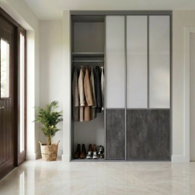 Porte de placard coulissante atelier effet pierre noire profil fin acier gris GoodHome Arius H.248,5 x L.91,2 cm + amortisseurs
