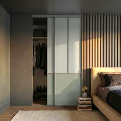 Porte de placard coulissante atelier vert agave profil fin acier gris GoodHome Arius H.248,5 x L.91,2 cm + amortisseurs