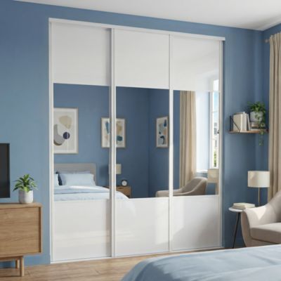 Porte de placard coulissante avec miroir blanc brillant profil blanc GoodHome Arius H. 248,5 x L. 62.2 cm + amortisseurs