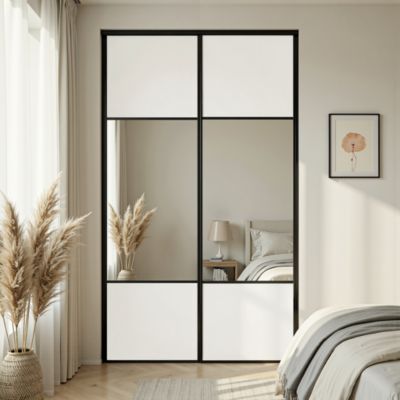 Porte de placard coulissante avec miroir blanc brillant profil noir GoodHome Arius H. 248,5 x L. 62.2 cm + amortisseurs