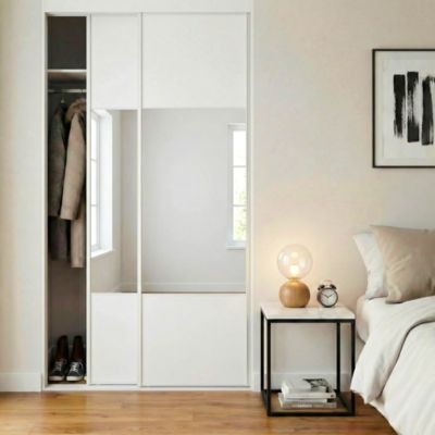 Porte de placard coulissante avec miroir blanc polaire mat profil fin acier blanc GoodHome Arius H.248,5 x L.62,2 cm + amortisseurs