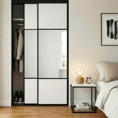 Porte de placard coulissante avec miroir blanc polaire mat profil fin acier noir GoodHome Arius H.248,5 x L.92,2 cm + amortisseurs