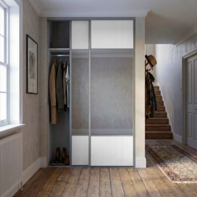 Porte de placard coulissante avec miroir blanc profil fin acier gris GoodHome Arius H.248,5 x L.62,2 cm + amortisseurs