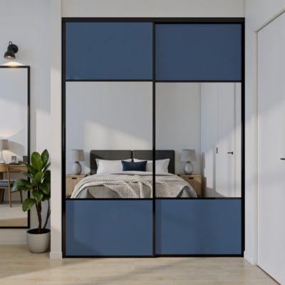 Porte de placard coulissante avec miroir bleu profil noir GoodHome Arius H. 248,5 x L. 92.2 cm + amortisseurs