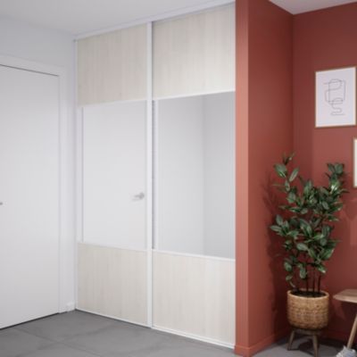 Porte de placard coulissante avec miroir bois nordique profil blanc GoodHome Arius H. 248,5 x L. 92.2 cm + amortisseurs