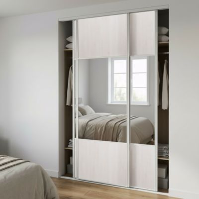 Porte de placard coulissante avec miroir bois nordique profil blanc GoodHome Arius H. 248,5 x L. 92.2 cm + amortisseurs