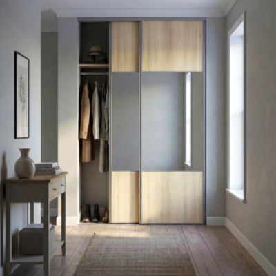 Porte de placard coulissante avec miroir effet acacia nature profil acier gris GoodHome Arius H.248,5 x L.62,2 cm + amortisseurs