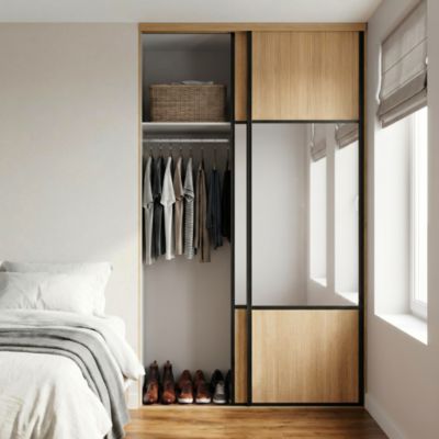Porte de placard coulissante avec miroir effet bois côtelé profil fin acier noir GoodHome Arius H.248,5 x L.62,2 cm + amortisseurs