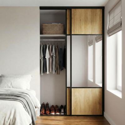 Porte de placard coulissante avec miroir effet chêne brut profil fin acier noir GoodHome Arius H.248,5 x L.77,2 cm + amortisseurs