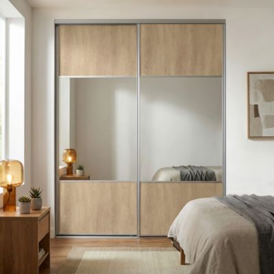 Porte de placard coulissante avec miroir effet chêne brut profil gris GoodHome Arius H. 248,5 x L. 92.2 cm + amortisseurs
