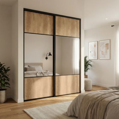 Porte de placard coulissante avec miroir effet chêne brut profil noir GoodHome Arius H. 248,5 x L. 92.2 cm + amortisseurs