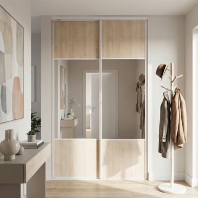 Porte de placard coulissante avec miroir effet chêne clair profil blanc GoodHome Arius H. 248,5 x L. 92.2 cm + amortisseurs