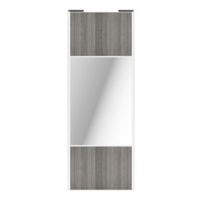Porte de placard coulissante avec miroir effet chêne grisé profil blanc GoodHome Arius H. 248,5 x L. 92.2 cm + amortisseurs