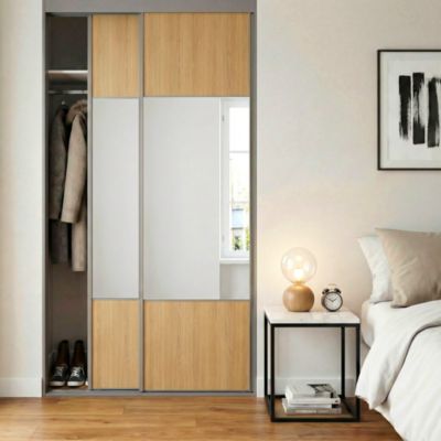 Porte de placard coulissante avec miroir effet chêne profil fin acier gris GoodHome Arius H.248,5 x L.62,2 cm + amortisseurs