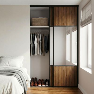 Porte de placard coulissante avec miroir effet noyer clair profil acier noir GoodHome Arius H.248,5 x L.62,2 cm + amortisseurs