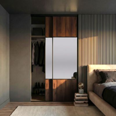 Porte de placard coulissante avec miroir effet noyer profil fin acier noir GoodHome Arius H.248,5 x L.77,2 cm + amortisseurs