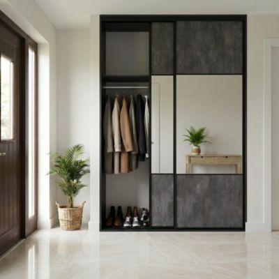 Porte de placard coulissante avec miroir effet pierre noire profil fin acier noir GoodHome Arius H.248,5 x L.77,2 cm + amortisseurs