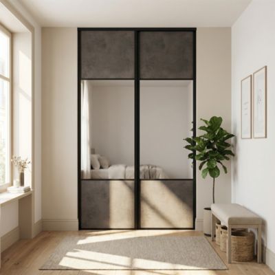 Porte de placard coulissante avec miroir gris antique profil noir GoodHome Arius H. 248,5 x L. 77.2 cm + amortisseurs