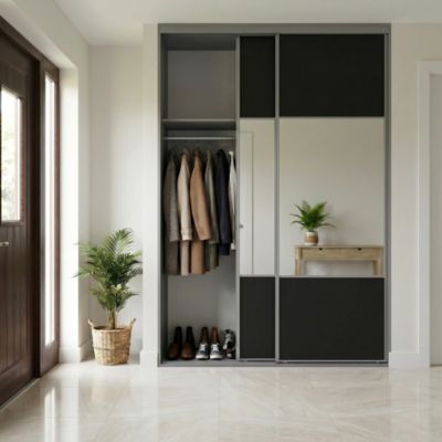 Porte de placard coulissante avec miroir noir mat profil fin acier gris GoodHome Arius H.248,5 x L.77,2 cm + amortisseurs