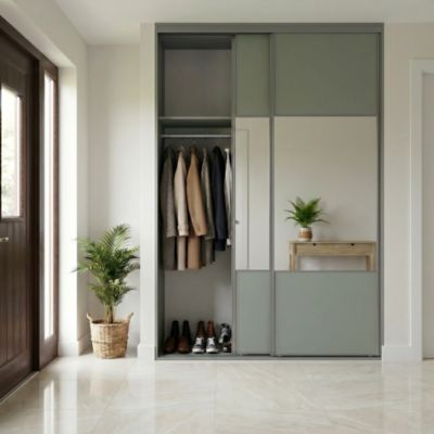 Porte de placard coulissante avec miroir vert agave profil acier gris GoodHome Arius H.248,5 x L.92,2 cm + amortisseurs