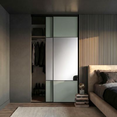 Porte de placard coulissante avec miroir vert agave profil fin acier noir GoodHome Arius H.248,5 x L.92,2 cm + amortisseurs