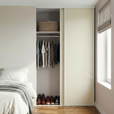 Porte de placard coulissante beige minéral profil acier blanc GoodHome Arius H.248,5 x L.77,2 cm + amortisseurs