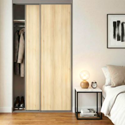 Porte de placard coulissante effet acacia nature profil fin acier gris GoodHome Arius H.248,5 x L.62,2 cm + amortisseurs