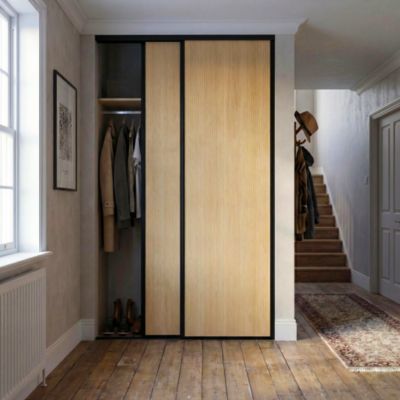 Porte de placard coulissante effet bois côtelé profil fin acier noir GoodHome Arius H.248,5 x L.92,2 cm + amortisseurs