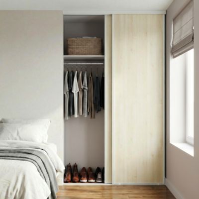 Porte de placard coulissante effet bois nordique profil fin acier blanc GoodHome Arius H.248,5 x L.77,2 cm + amortisseurs