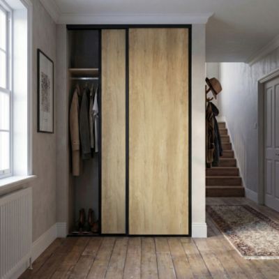 Porte de placard coulissante effet chêne brut profil fin acier noir GoodHome Arius H.248,5 x L.77,2 cm + amortisseurs