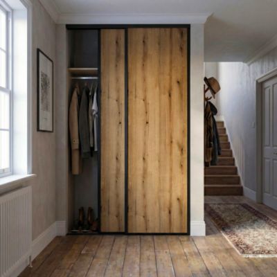 Porte de placard coulissante effet chêne miel profil fin acier noir GoodHome Arius H.248,5 x L.62,2 cm + amortisseurs