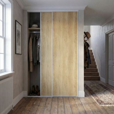 Porte de placard coulissante effet chêne profil acier blanc GoodHome Arius H.248,5 x L.92,2 cm + amortisseurs
