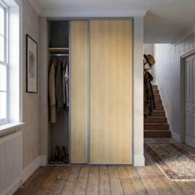 Porte de placard coulissante effet chêne profil acier gris GoodHome Arius H.248,5 x L.77,2 cm + amortisseurs