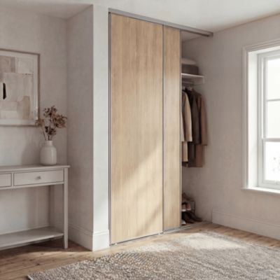 Porte de placard coulissante effet chêne profil acier gris GoodHome Arius H.248,5 x L.77,2 cm + amortisseurs