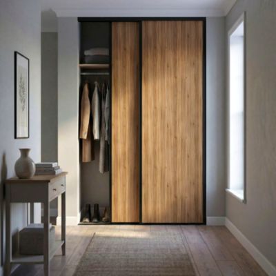 Porte de placard coulissante effet noyer clair profil fin acier noir GoodHome Arius H.248,5 x L.77,2 cm + amortisseurs