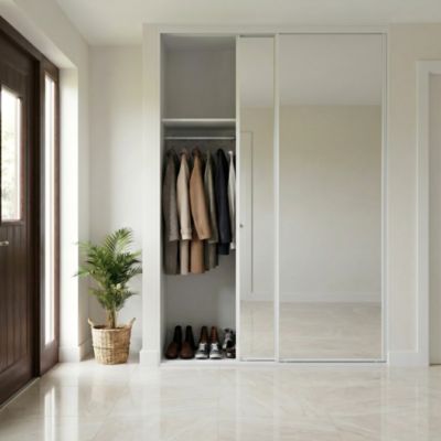 Porte de placard coulissante miroir profil fin acier blanc GoodHome Arius H.248,5 x L.92,2 cm + amortisseurs