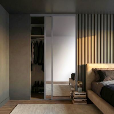 Porte de placard coulissante miroir profil fin acier gris GoodHome Arius H.248,5 x L.77,2 cm + amortisseurs