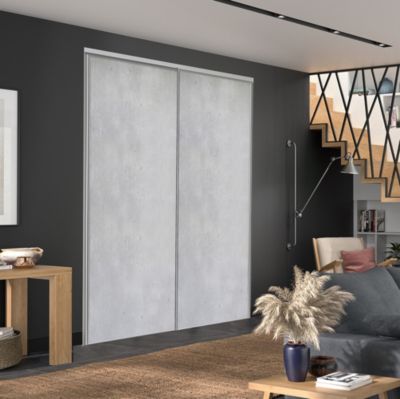 Porte de placard coulissante vendue par 2 décor béton gris clair 180 x 250 cm