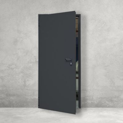 Porte de service acier 1 vantail FOX - Gris RAL 7016 - 215x100 cm - huisserie Z pose tunnel affleurant - poussant droit