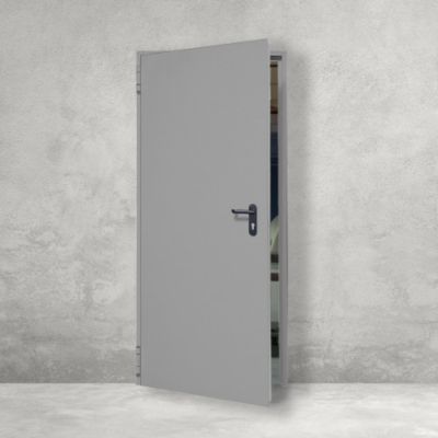 Porte de service acier 1 vantail FOX - Gris RAL 7035 - 215x100 cm - huisserie Z pose tunnel affleurant - Poussant Droit