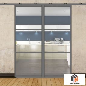 Porte double coulissante H 2088 x L 867 mm - 3 verres horizontaux - trempé 6 mm clair - gris