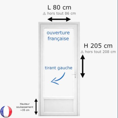 Porte fenêtre PVC blanc 1 vantail hors tout H 208 x L 86 cm ouverture française pour pose en neuf - tirant gauche