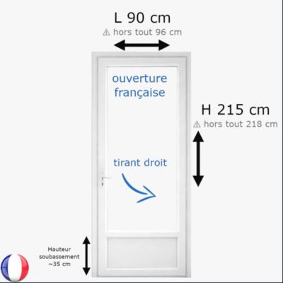 Porte fenêtre PVC blanc 1 vantail hors tout H 218 x L 96 cm ouverture française pour pose en neuf - tirant droit