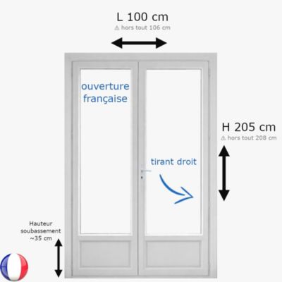 Porte fenêtre PVC blanc 2 vantaux hors tout H 208 x L 106 cm ouverture française pour pose en neuf