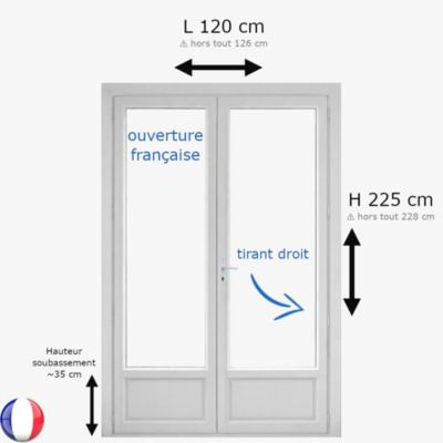 Porte fenêtre PVC blanc 2 vantaux hors tout H 228 x L 126 cm ouverture française pour pose en neuf