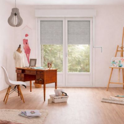 Porte Fenêtre PVC blanc 2 vantaux hors tout H 229 x L 146 cm ouverture française avec volet roulant manivelle pour pose en neuf