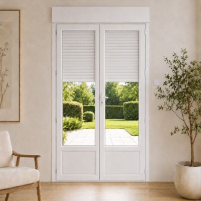 Porte Fenêtre PVC blanc 2 vantaux hors tout H 249 x L 126 cm ouverture française avec volet roulant électrique pour pose en neuf